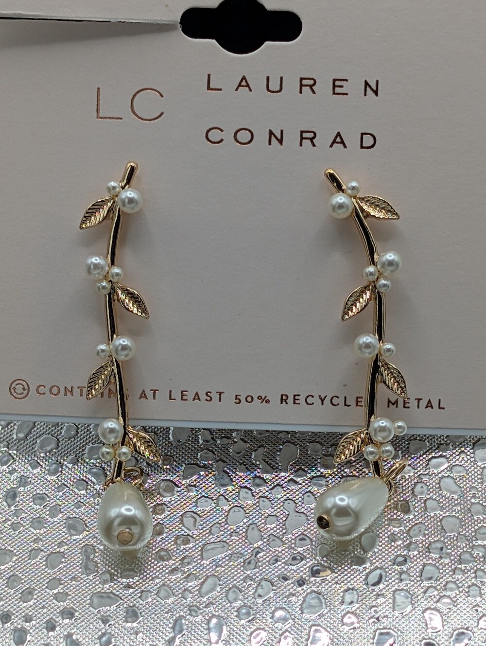 LC Lauren Conrad Gold-Tone Leaf Earrings with White Pearls